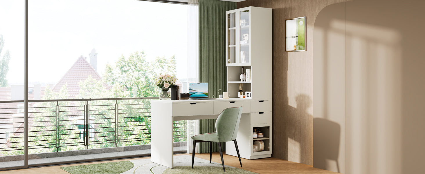 Versatile Makeup Vanity Desk with Mirror and Charging Station, Dressing Table with 8 Hidden Storage Compartments, Computer Desk with 3 Drawers, 2 Cabinets and Open Shelves,Home Office Desk, White