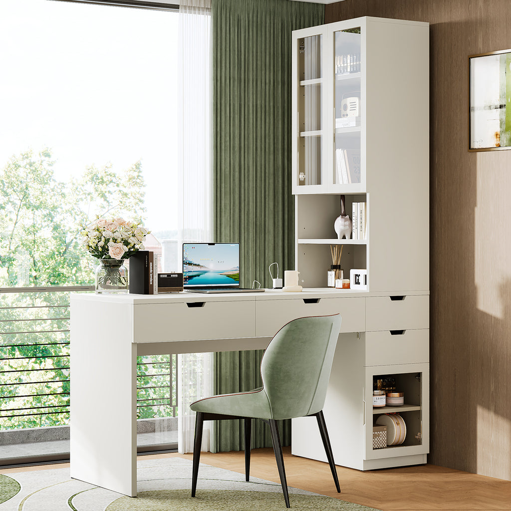 Versatile Makeup Vanity Desk with Mirror and Charging Station, Dressing Table with 8 Hidden Storage Compartments, Computer Desk with 3 Drawers, 2 Cabinets and Open Shelves,Home Office Desk, White