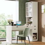 Versatile Makeup Vanity Desk with Mirror and Charging Station, Dressing Table with 8 Hidden Storage Compartments, Computer Desk with 3 Drawers, 2 Cabinets and Open Shelves,Home Office Desk, White