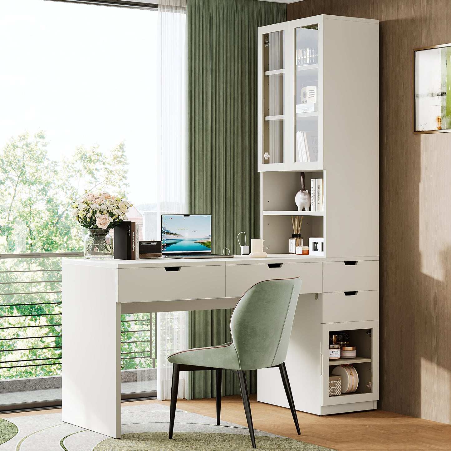 Versatile Makeup Vanity Desk with Mirror and Charging Station, Dressing Table with 8 Hidden Storage Compartments, Computer Desk with 3 Drawers, 2 Cabinets and Open Shelves,Home Office Desk, White