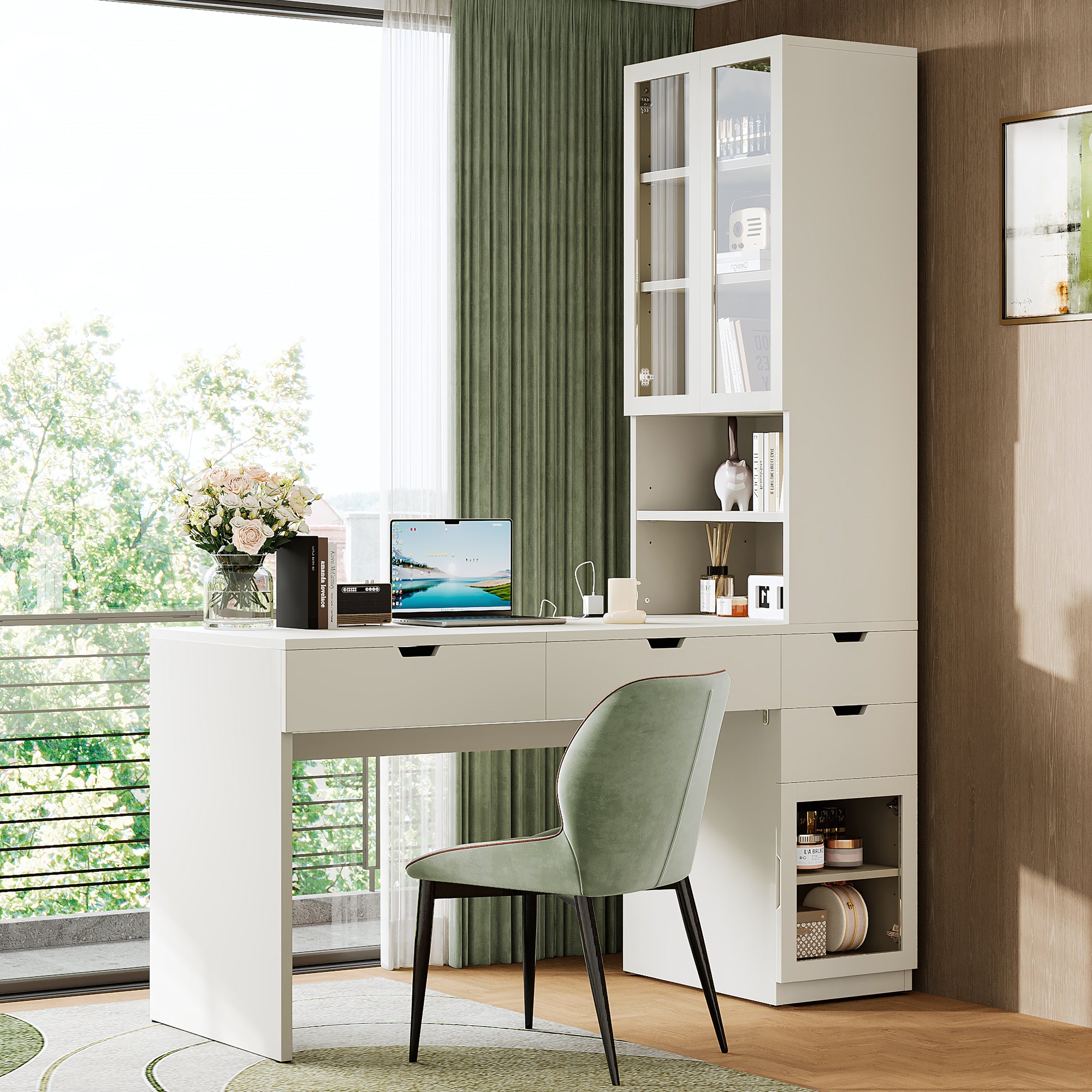 Versatile Makeup Vanity Desk with Mirror and Charging Station, Dressing Table with 8 Hidden Storage Compartments, Computer Desk with 3 Drawers, 2 Cabinets and Open Shelves,Home Office Desk, White