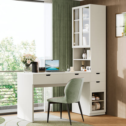 Versatile Makeup Vanity Desk with Mirror and Charging Station, Dressing Table with 8 Hidden Storage Compartments, Computer Desk with 3 Drawers, 2 Cabinets and Open Shelves,Home Office Desk, White