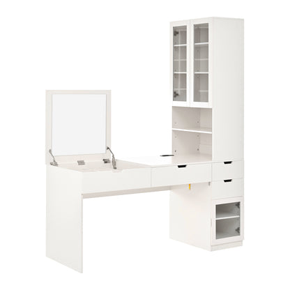 Versatile Makeup Vanity Desk with Mirror and Charging Station, Dressing Table with 8 Hidden Storage Compartments, Computer Desk with 3 Drawers, 2 Cabinets and Open Shelves,Home Office Desk, White
