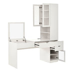 Versatile Makeup Vanity Desk with Mirror and Charging Station, Dressing Table with 8 Hidden Storage Compartments, Computer Desk with 3 Drawers, 2 Cabinets and Open Shelves,Home Office Desk, White