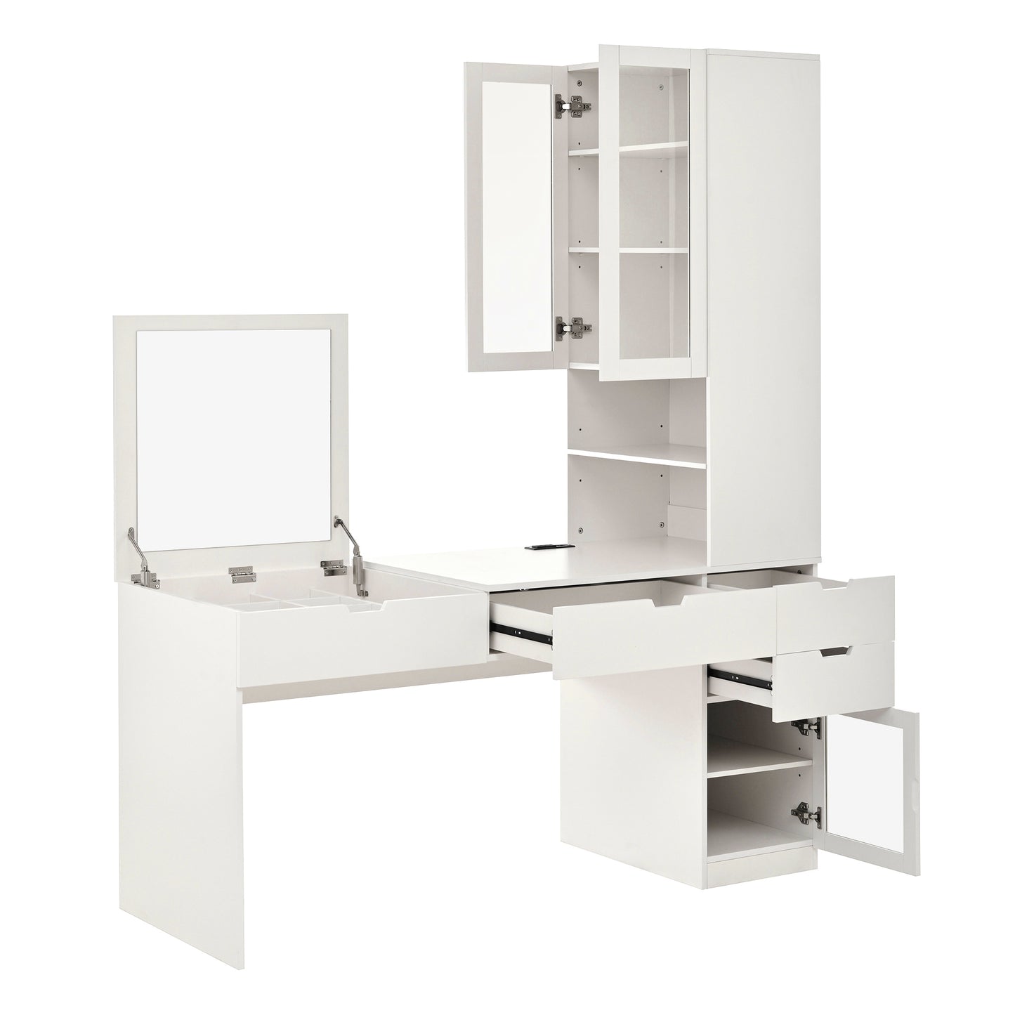 Versatile Makeup Vanity Desk with Mirror and Charging Station, Dressing Table with 8 Hidden Storage Compartments, Computer Desk with 3 Drawers, 2 Cabinets and Open Shelves,Home Office Desk, White