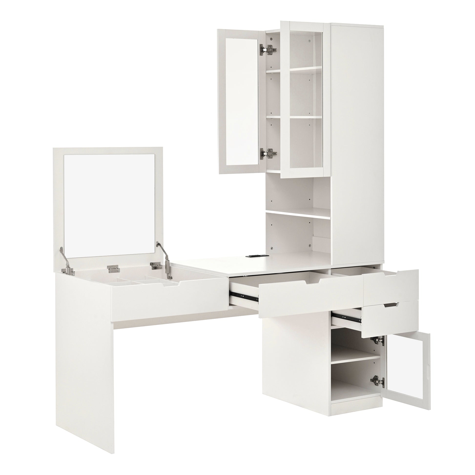Versatile Makeup Vanity Desk with Mirror and Charging Station, Dressing Table with 8 Hidden Storage Compartments, Computer Desk with 3 Drawers, 2 Cabinets and Open Shelves,Home Office Desk, White