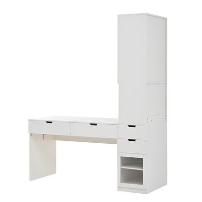 Versatile Makeup Vanity Desk with Mirror and Charging Station, Dressing Table with 8 Hidden Storage Compartments, Computer Desk with 3 Drawers, 2 Cabinets and Open Shelves,Home Office Desk, White