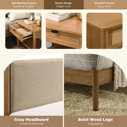 Vichy 4-Piece Rubberwood Bedroom Set | Upholstered Queen Bed, Dresser, Mirror, and Nightstand Bedroom Set