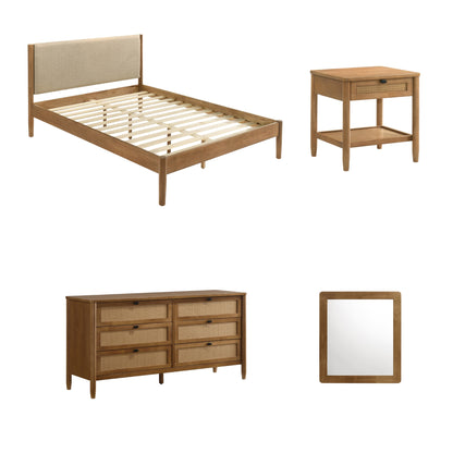 Vichy 4-Piece Rubberwood Bedroom Set | Upholstered Queen Bed, Dresser, Mirror, and Nightstand Bedroom Set