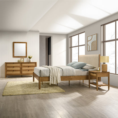 Vichy 4-Piece Rubberwood Bedroom Set | Upholstered Queen Bed, Dresser, Mirror, and Nightstand Bedroom Set