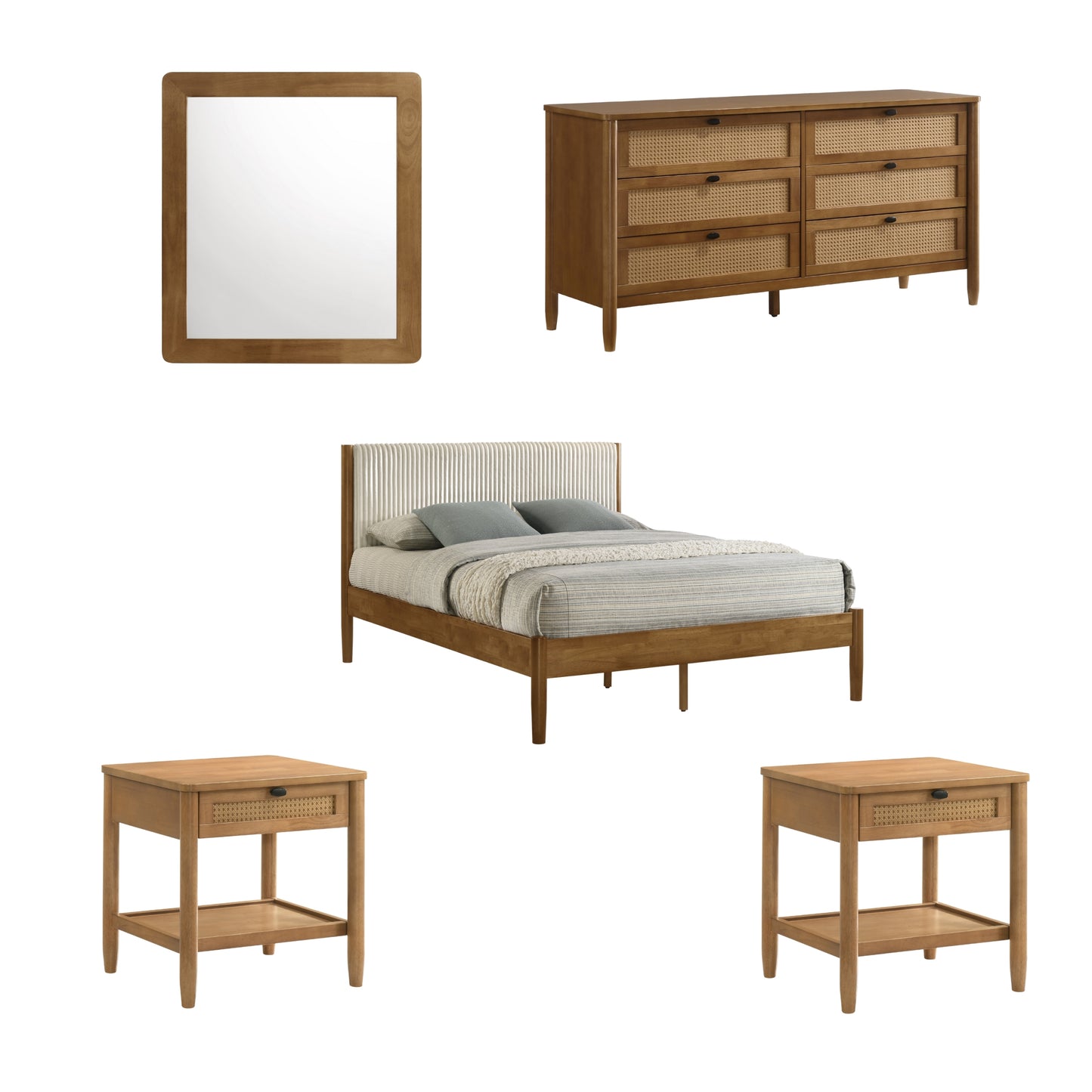 Vichy 5-Piece Rubberwood Bedroom Set with Corduroy Upholstered Queen Bed, Dresser, Mirror, and 2 Nightstands