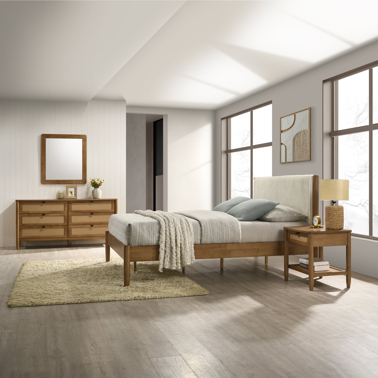 Vichy 5-Piece Rubberwood Bedroom Set with Corduroy Upholstered Queen Bed, Dresser, Mirror, and 2 Nightstands