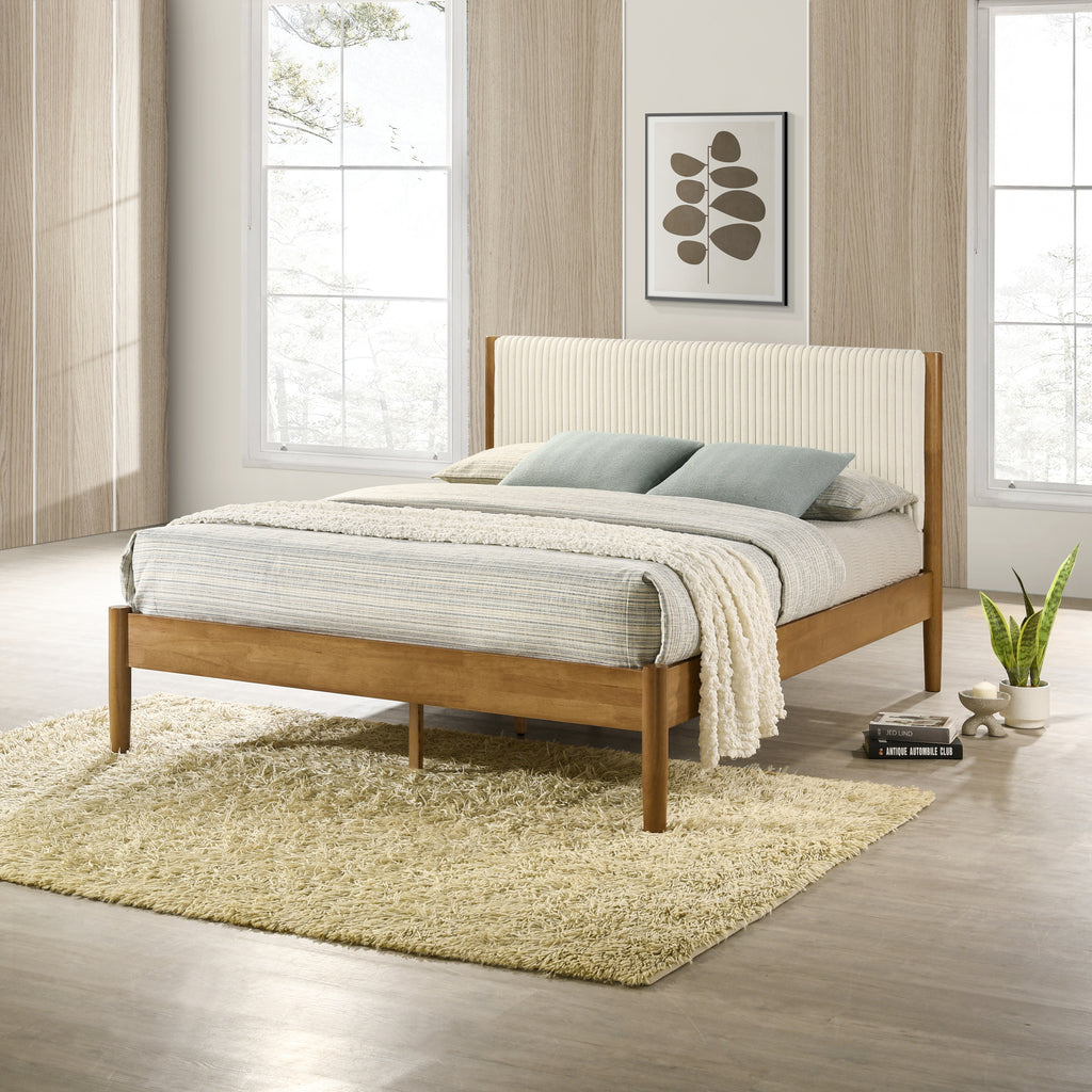 Vichy 5-Piece Rubberwood Bedroom Set with Corduroy Upholstered Queen Bed, Dresser, Mirror, and 2 Nightstands