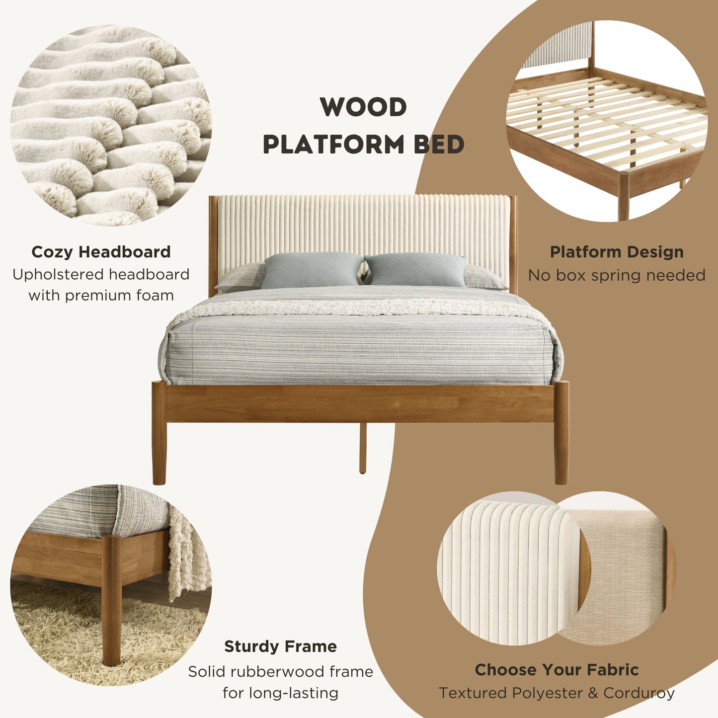 Vichy 5-Piece Rubberwood Bedroom Set with Corduroy Upholstered Queen Bed, Dresser, Mirror, and 2 Nightstands