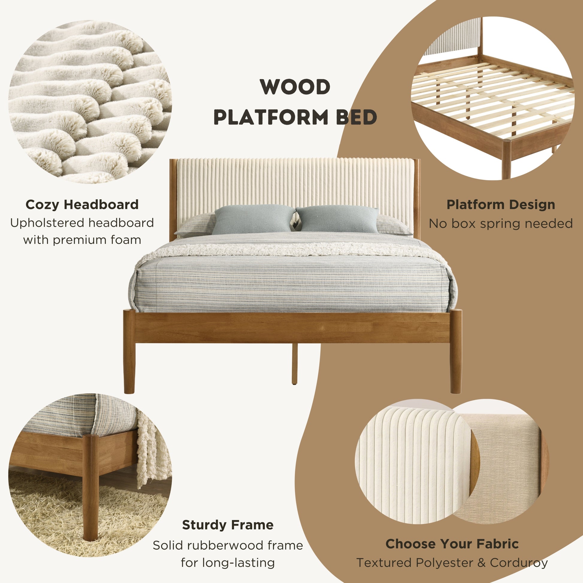 Vichy 5-Piece Rubberwood Bedroom Set with Corduroy Upholstered Queen Bed, Dresser, Mirror, and 2 Nightstands