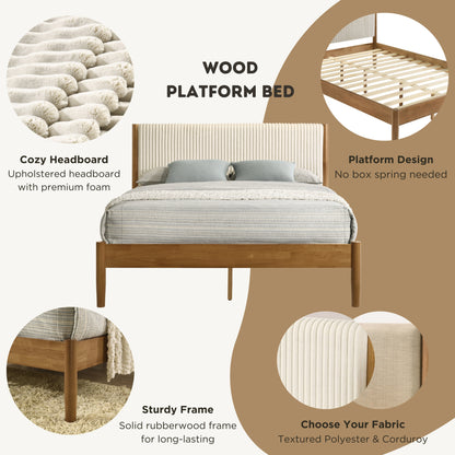 Vichy 5-Piece Rubberwood Bedroom Set with Corduroy Upholstered Queen Bed, Dresser, Mirror, and 2 Nightstands