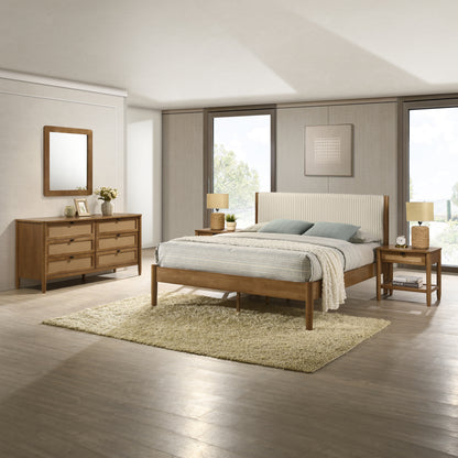 Vichy 5-Piece Rubberwood Bedroom Set with Corduroy Upholstered Queen Bed, Dresser, Mirror, and 2 Nightstands