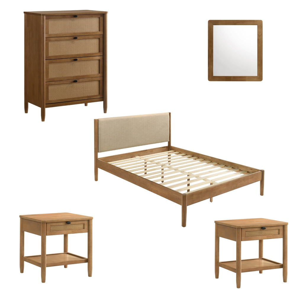 Vichy 5-Piece Rubberwood Bedroom Set with Textured Polyester Upholstered Queen Bed, Dresser, Mirror, and 2 Nightstands