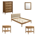 Vichy 5-Piece Rubberwood Bedroom Set with Textured Polyester Upholstered Queen Bed, Dresser, Mirror, and 2 Nightstands