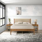 Vichy 5-Piece Rubberwood Bedroom Set with Textured Polyester Upholstered Queen Bed, Dresser, Mirror, and 2 Nightstands