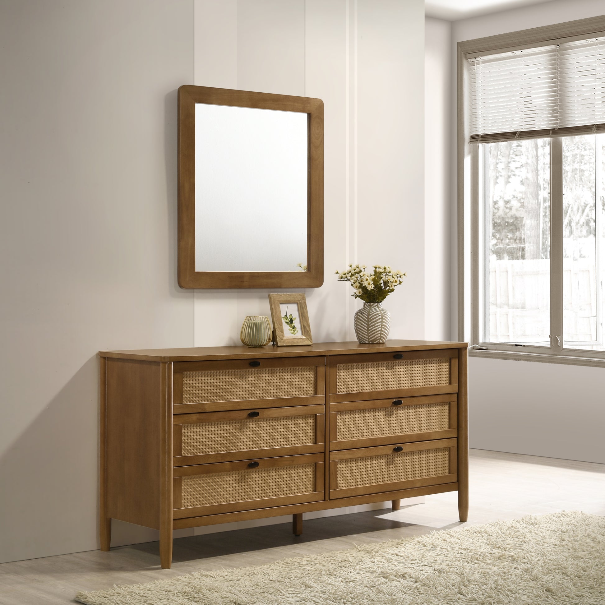 Vichy 5-Piece Rubberwood Bedroom Set with Textured Polyester Upholstered Queen Bed, Dresser, Mirror, and 2 Nightstands