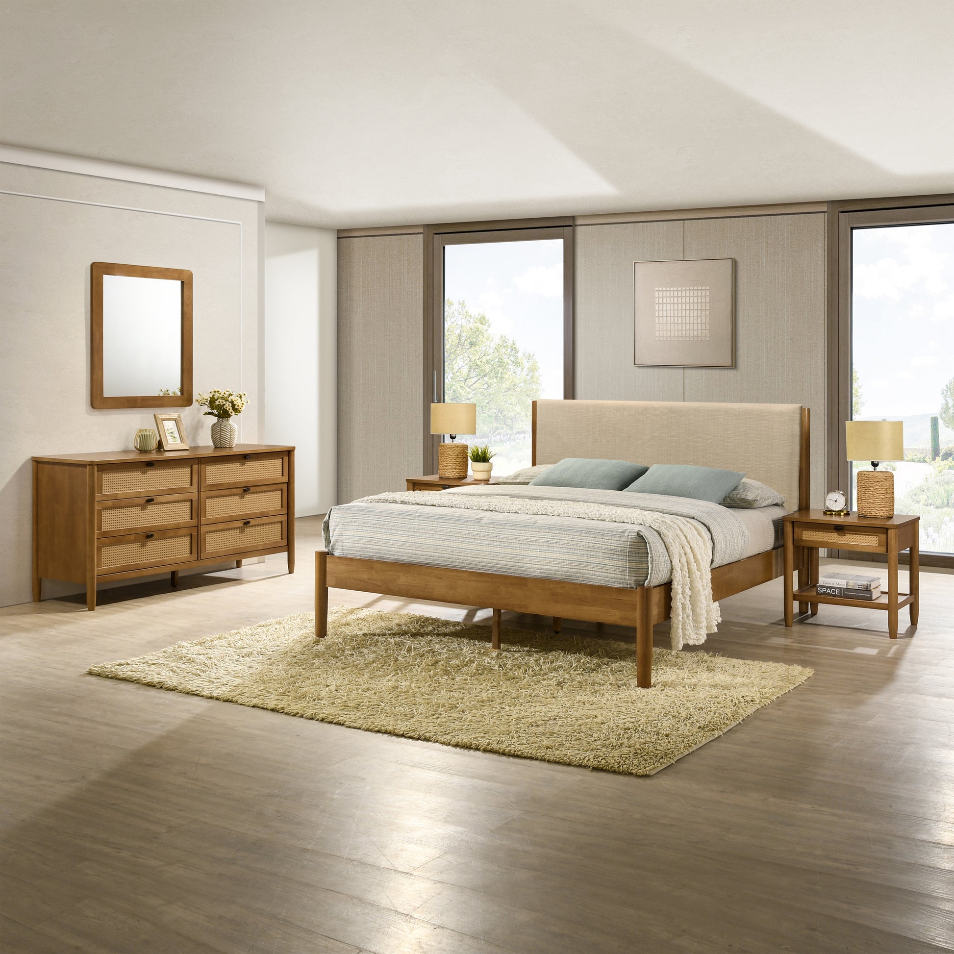 Vichy 5-Piece Rubberwood Bedroom Set with Textured Polyester Upholstered Queen Bed, Dresser, Mirror, and 2 Nightstands