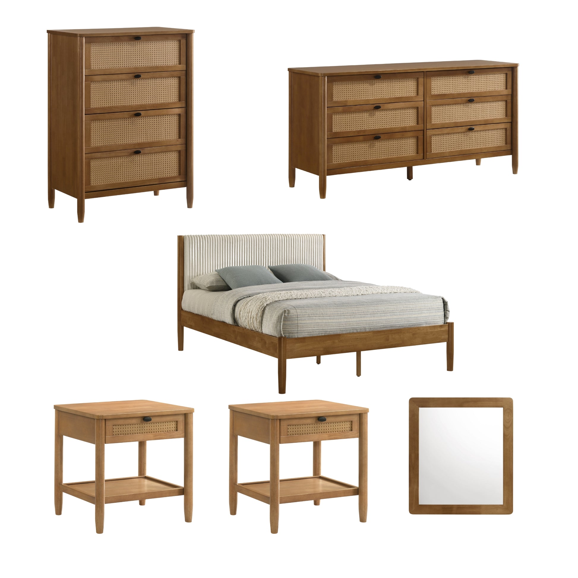 Vichy 6-Piece Rubberwood Bedroom Set with Corduroy Upholstered Queen Bed, Dresser, Mirror, 2 Nightstands, and Chest