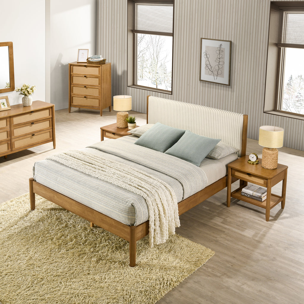 Vichy 6-Piece Rubberwood Bedroom Set with Corduroy Upholstered Queen Bed, Dresser, Mirror, 2 Nightstands, and Chest