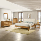 Vichy 6-Piece Rubberwood Bedroom Set with Corduroy Upholstered Queen Bed, Dresser, Mirror, 2 Nightstands, and Chest
