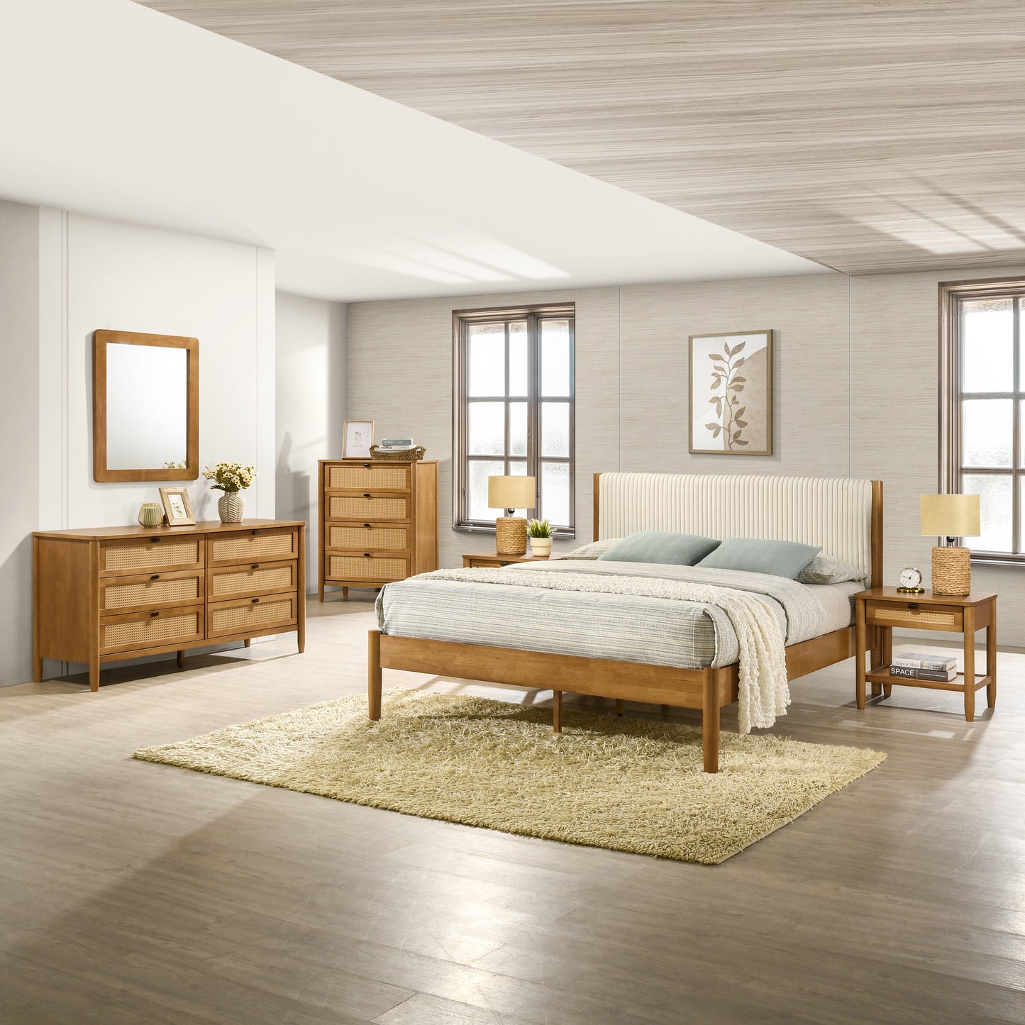 Vichy 6-Piece Rubberwood Bedroom Set with Corduroy Upholstered Queen Bed, Dresser, Mirror, 2 Nightstands, and Chest
