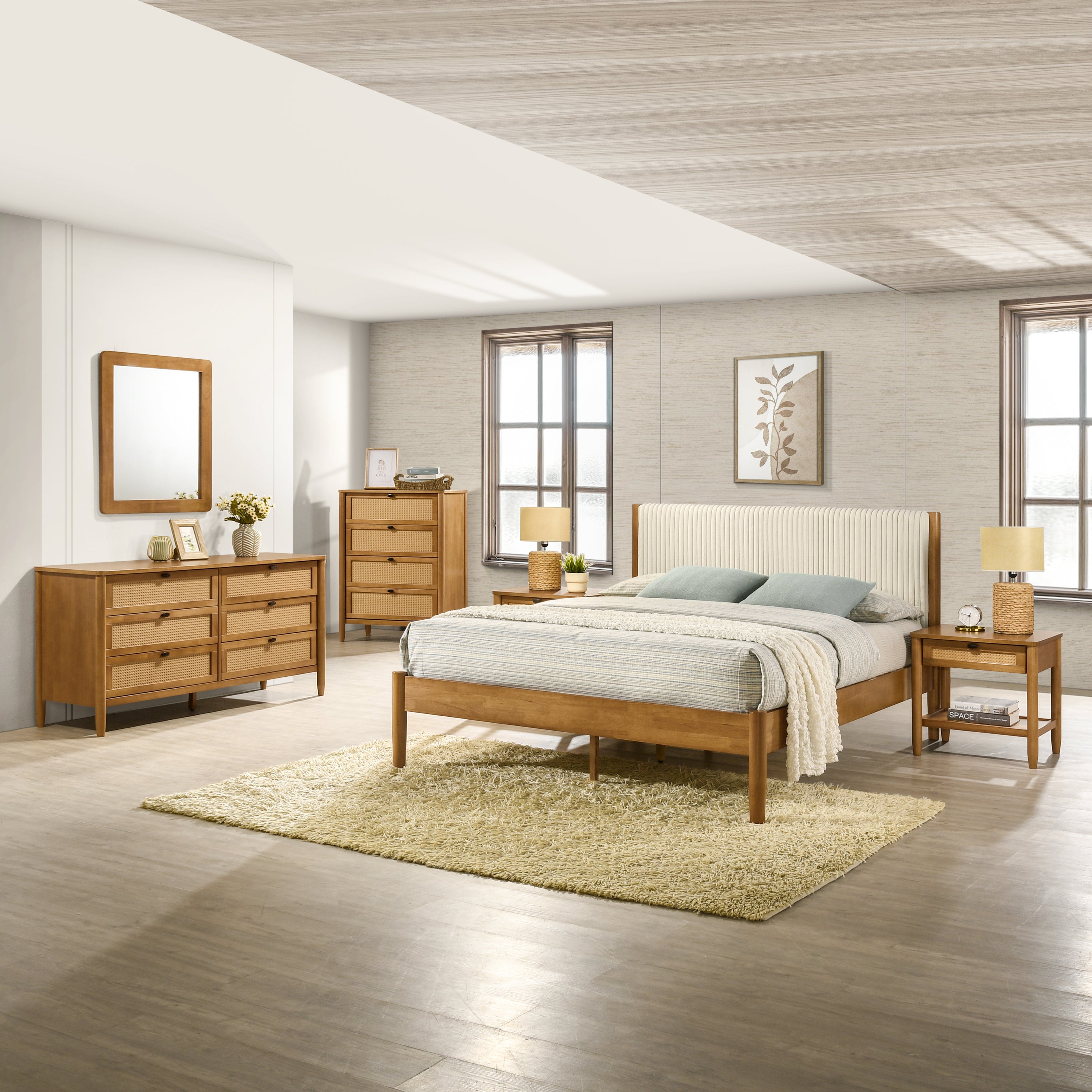 Vichy 6-Piece Rubberwood Bedroom Set with Corduroy Upholstered Queen Bed, Dresser, Mirror, 2 Nightstands, and Chest