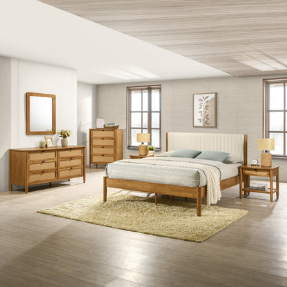 Vichy 6-Piece Rubberwood Bedroom Set with Corduroy Upholstered Queen Bed, Dresser, Mirror, 2 Nightstands, and Chest