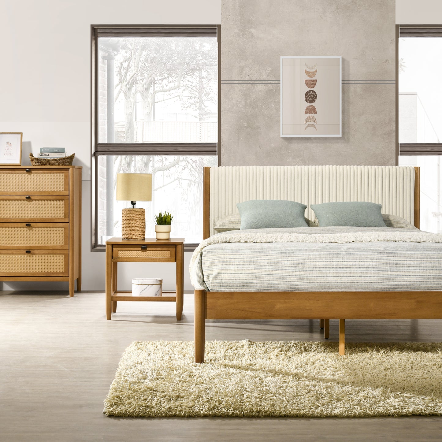 Vichy 6-Piece Rubberwood Bedroom Set with Corduroy Upholstered Queen Bed, Dresser, Mirror, 2 Nightstands, and Chest