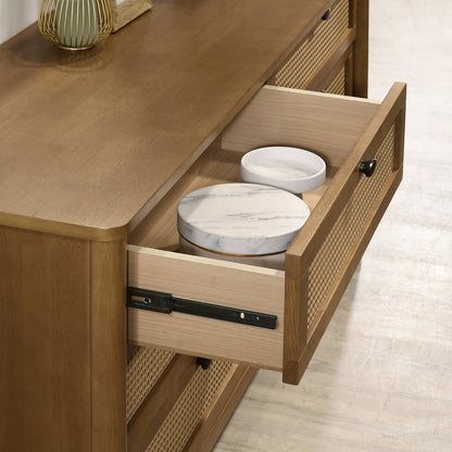 Vichy 6-Piece Rubberwood Bedroom Set with Corduroy Upholstered Queen Bed, Dresser, Mirror, 2 Nightstands, and Chest