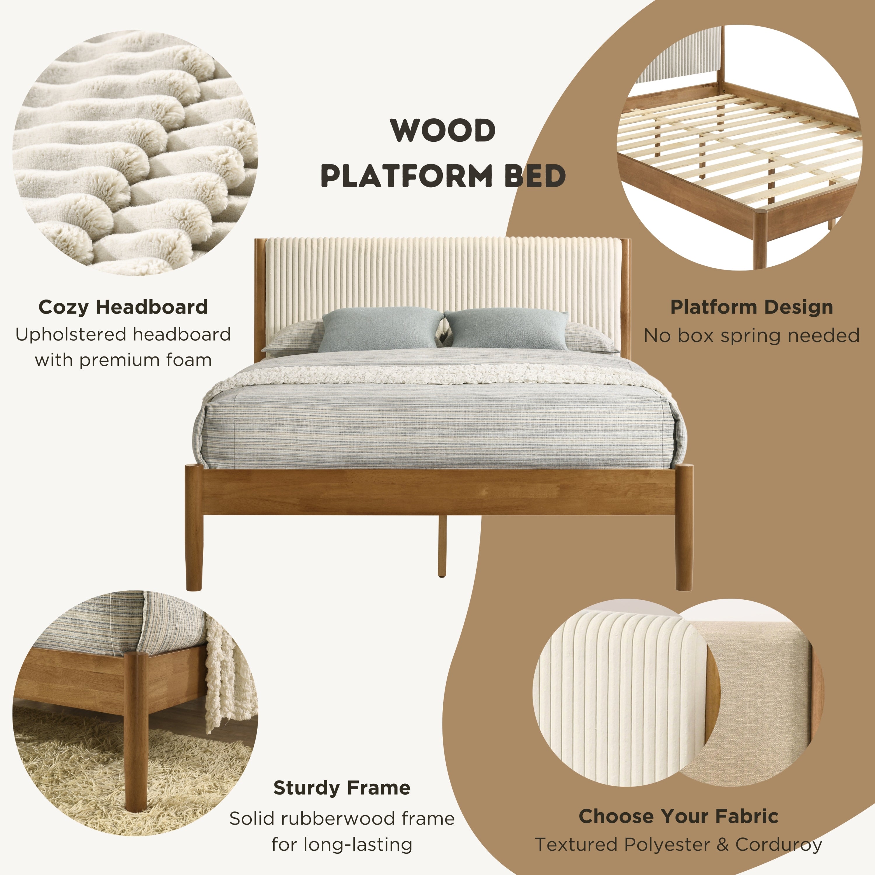 Vichy 6-Piece Rubberwood Bedroom Set with Corduroy Upholstered Queen Bed, Dresser, Mirror, 2 Nightstands, and Chest