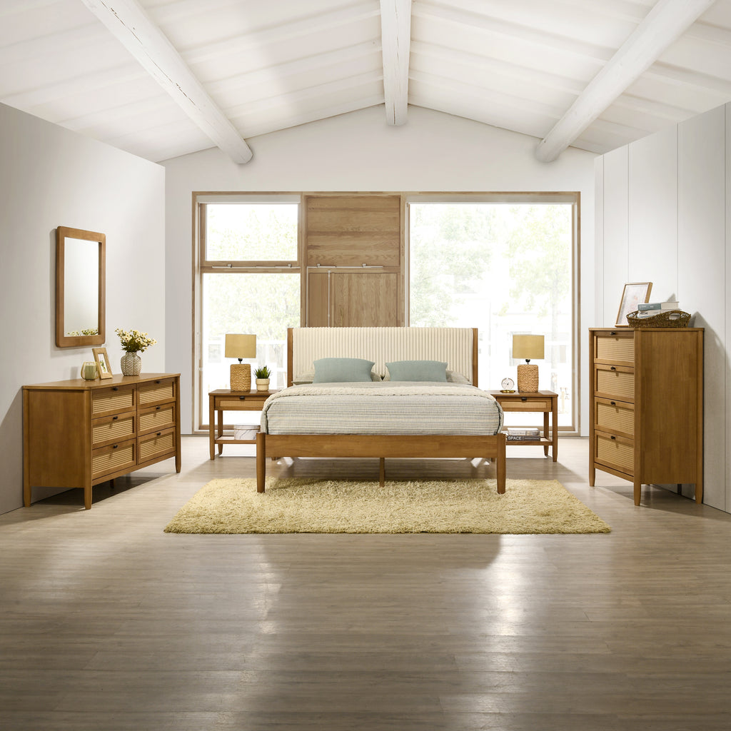 Vichy 6-Piece Rubberwood Bedroom Set with Corduroy Upholstered Queen Bed, Dresser, Mirror, 2 Nightstands, and Chest