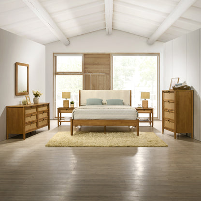 Vichy 6-Piece Rubberwood Bedroom Set with Corduroy Upholstered Queen Bed, Dresser, Mirror, 2 Nightstands, and Chest