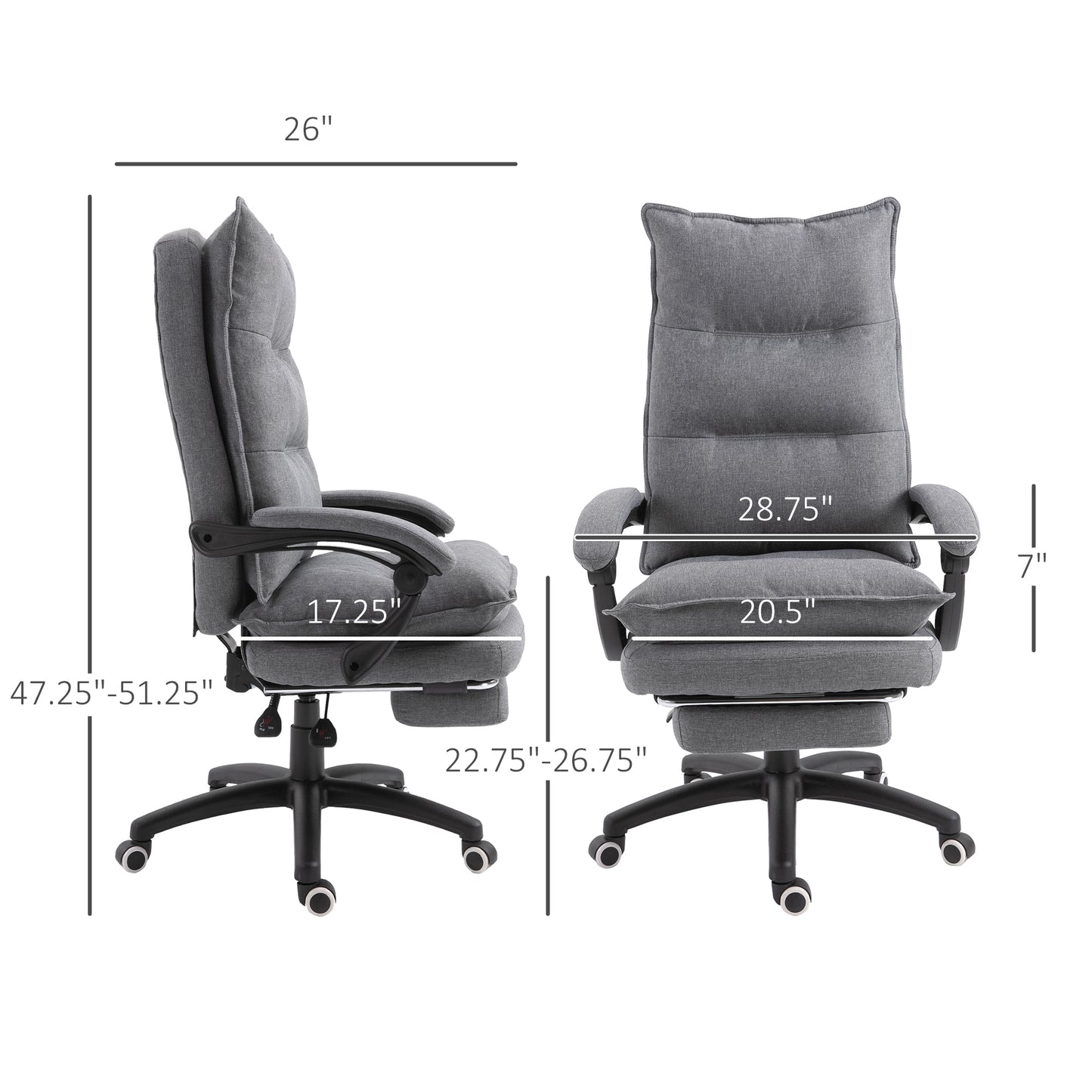 Vinsetto 360° Swivel Executive Home Office Chair Adjustable Height Linen Style Fabric Recliner with Retractable Footrest and Double Padding, Grey