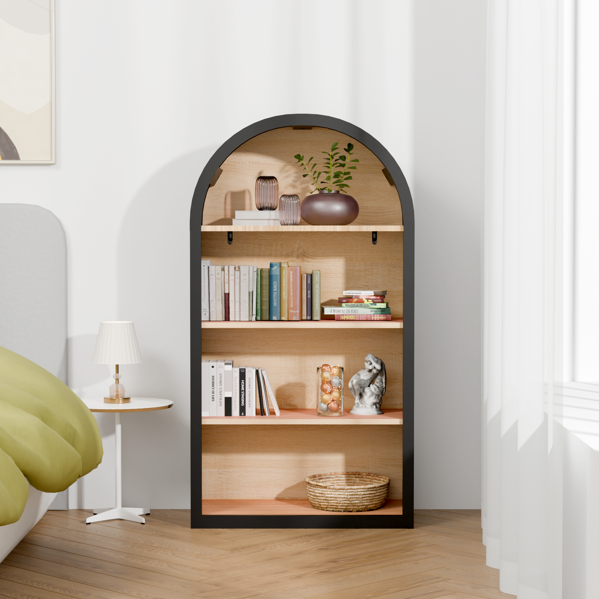 4-Tier Black Arched Bookshelf, 43' Tall Arched Bookcase with Storage Shelves - Groovy Boardz