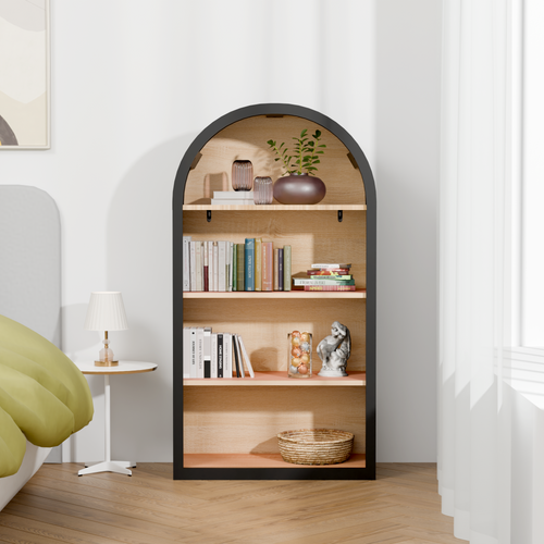 Vintage 4-Tier Black Arched Bookshelf, 43-Inch Tall.