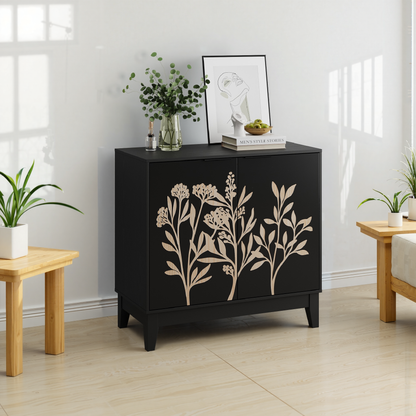 Vintage Carved Buffet Cabinet with Adjustable Shelves, Wooden Decorative Sideboard in Black, 31.5 Inch