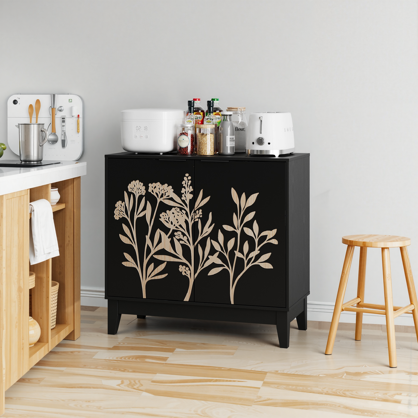 Vintage Carved Buffet Cabinet with Adjustable Shelves, Wooden Decorative Sideboard in Black, 31.5 Inch