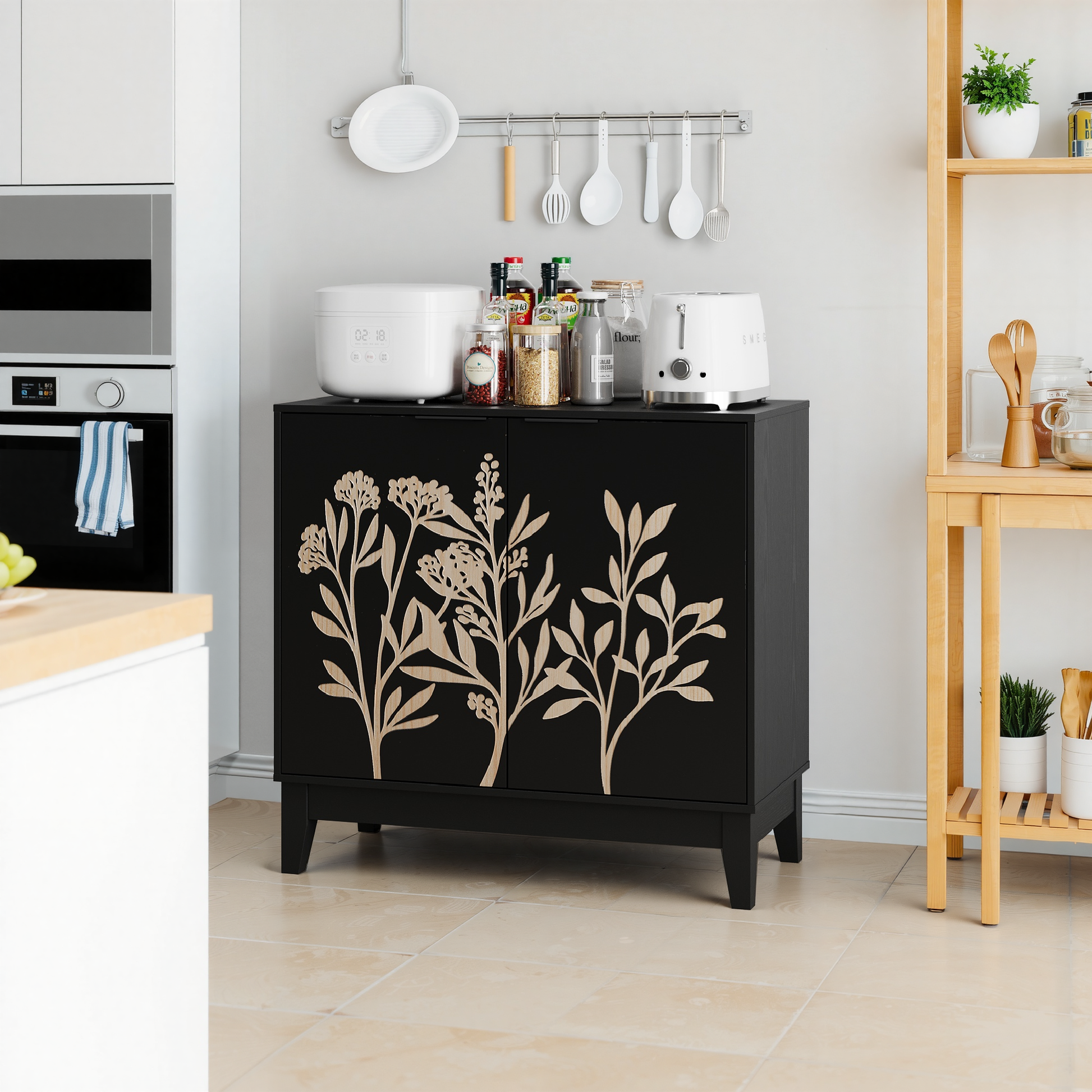 Vintage Carved Buffet Cabinet with Adjustable Shelves, Wooden Decorative Sideboard in Black, 31.5 Inch