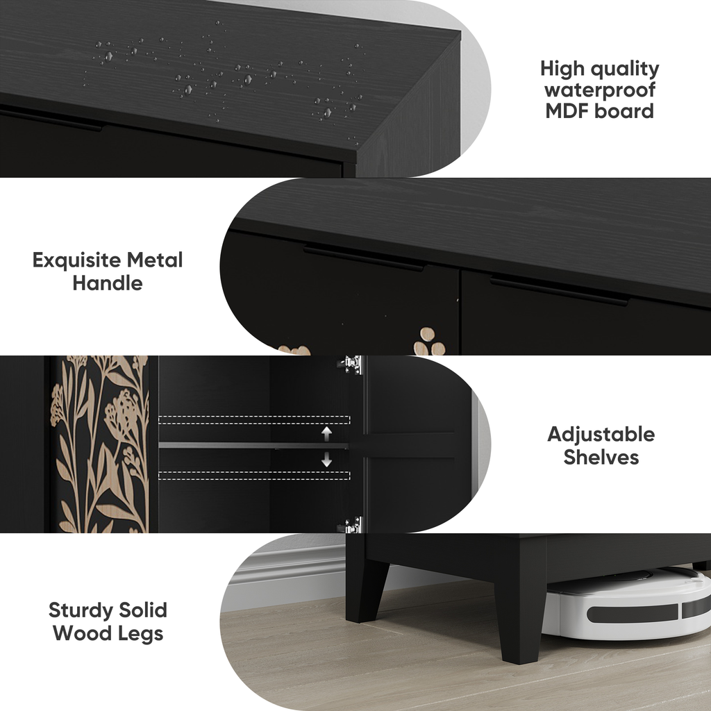 Vintage Carved Buffet Cabinet with Adjustable Shelves, Wooden Decorative Sideboard in Black, 31.5 Inch