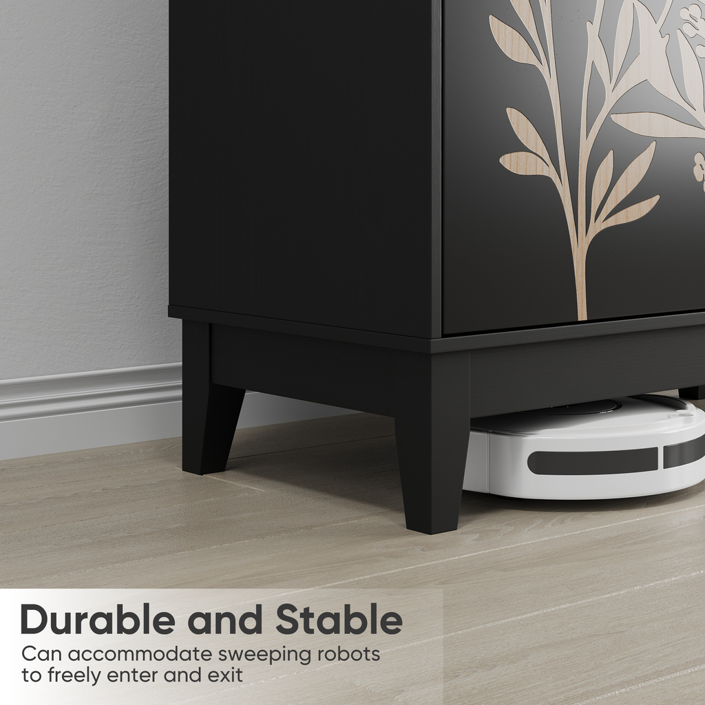 Vintage Carved Buffet Cabinet with Adjustable Shelves, Wooden Decorative Sideboard in Black, 31.5 Inch