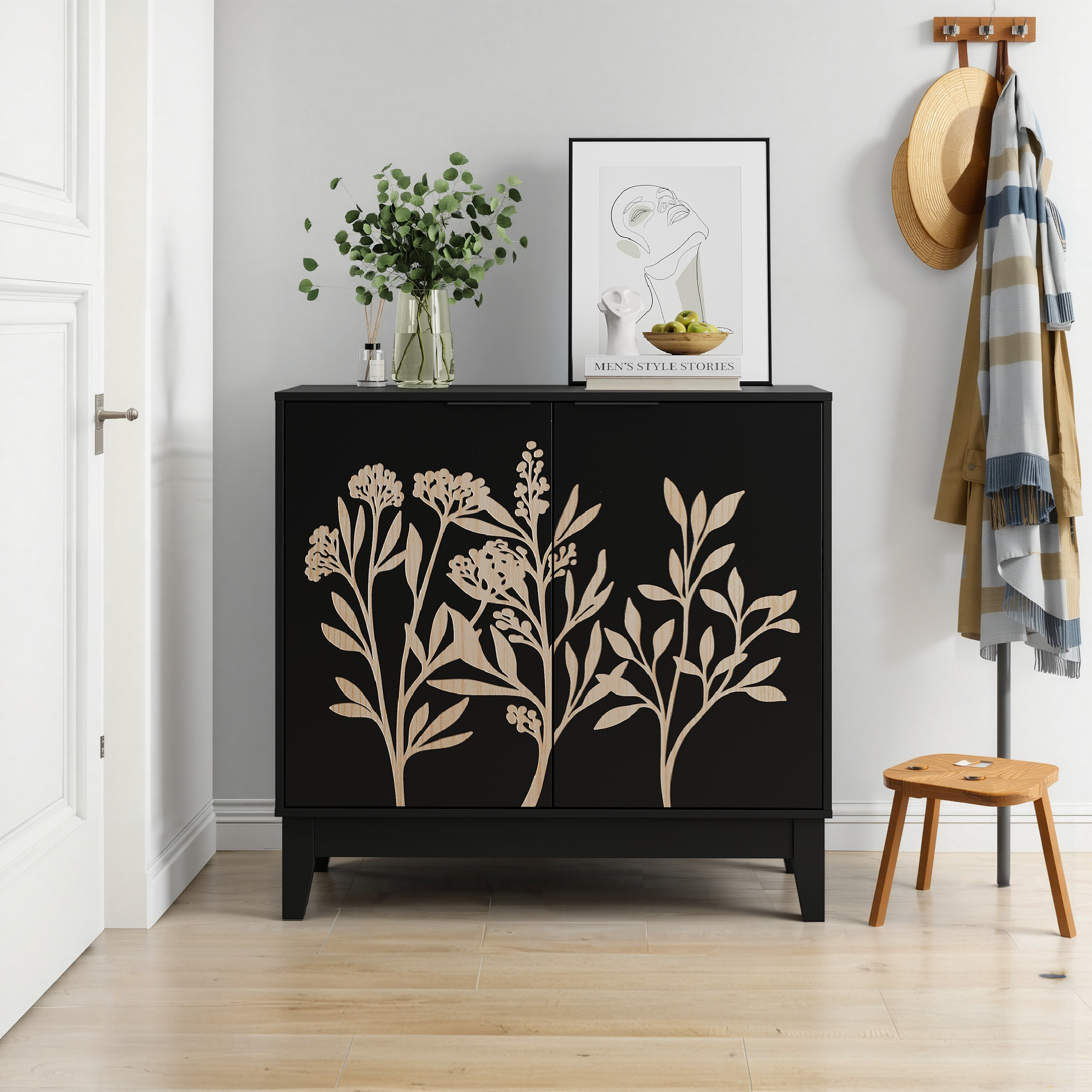 Vintage Carved Buffet Cabinet with Adjustable Shelves, Wooden Decorative Sideboard in Black, 31.5 Inch