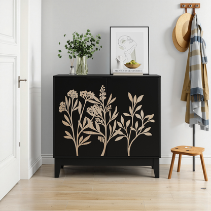 Vintage Carved Buffet Cabinet with Adjustable Shelves, Wooden Decorative Sideboard in Black, 31.5 Inch