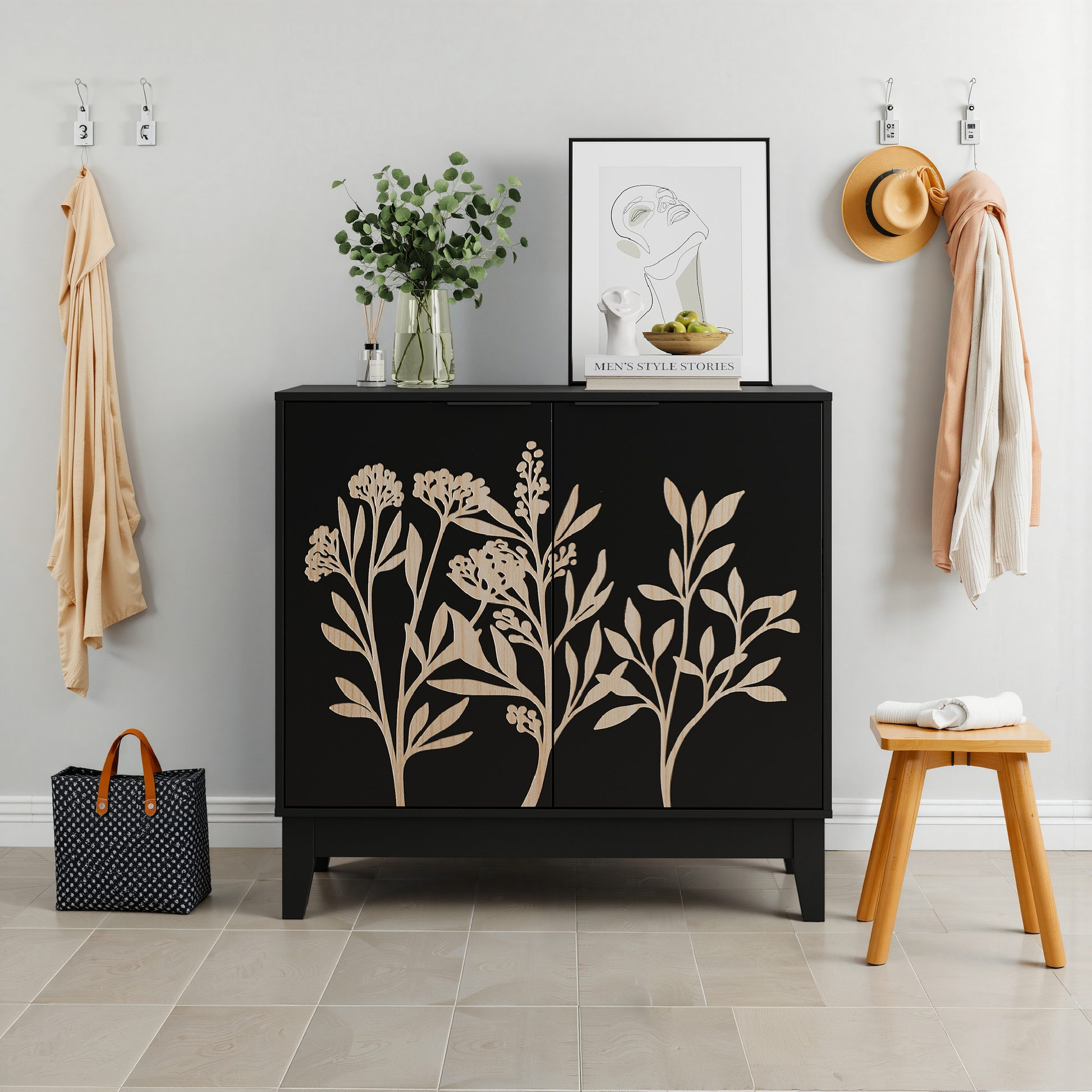 Vintage Carved Buffet Cabinet with Adjustable Shelves, Wooden Decorative Sideboard in Black, 31.5 Inch