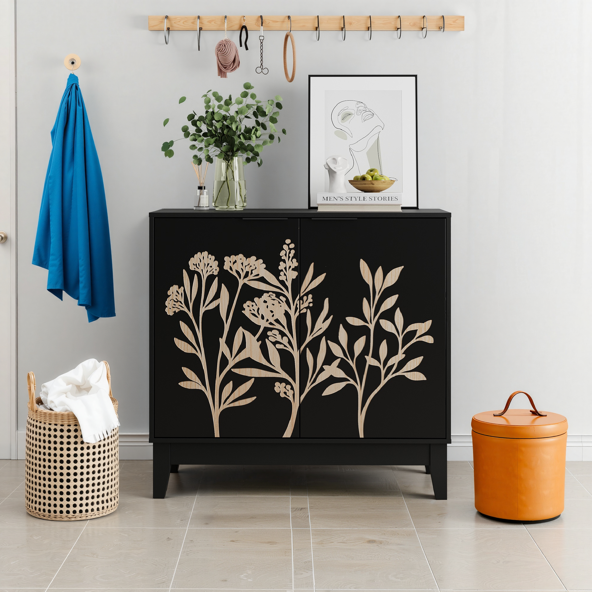 Vintage Carved Buffet Cabinet with Adjustable Shelves, Wooden Decorative Sideboard in Black, 31.5 Inch