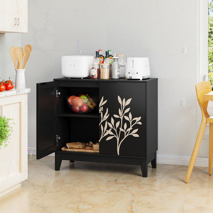 Vintage Carved Buffet Cabinet with Adjustable Shelves, Wooden Decorative Sideboard in Black, 31.5 Inch